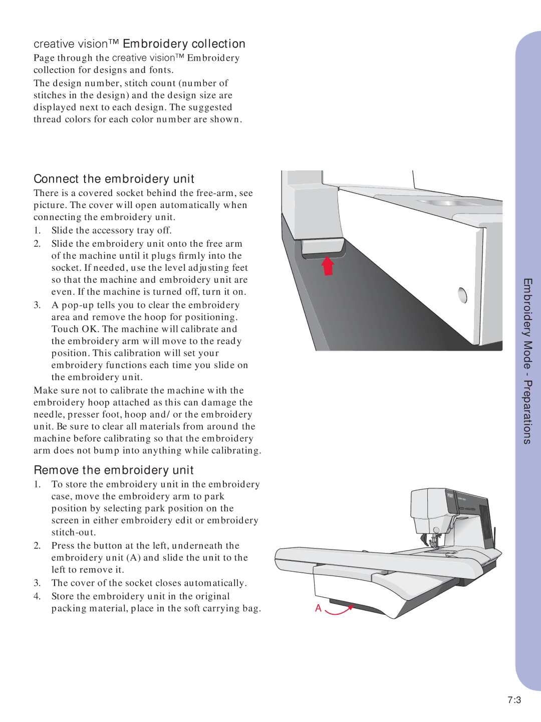 Pfaff Embroidery Machine Creative vision Embroidery collection, Connect the embroidery unit, Remove the embroidery unit 