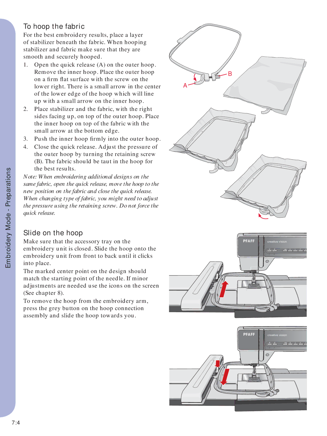 Pfaff Embroidery Machine manual To hoop the fabric, Slide on the hoop 