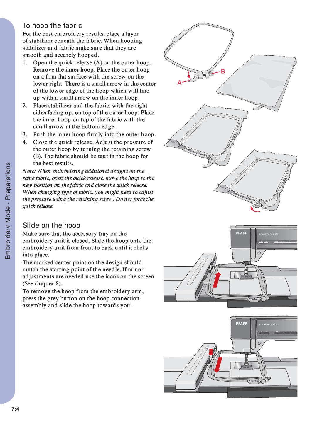 Pfaff Embroidery Machine manual To hoop the fabric, Slide on the hoop, Embroidery Mode - Preparations 
