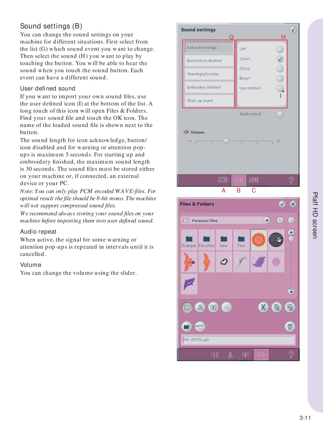 Pfaff Embroidery Machines manual Sound settings B, User deﬁned sound, Audio repeat, Volume 