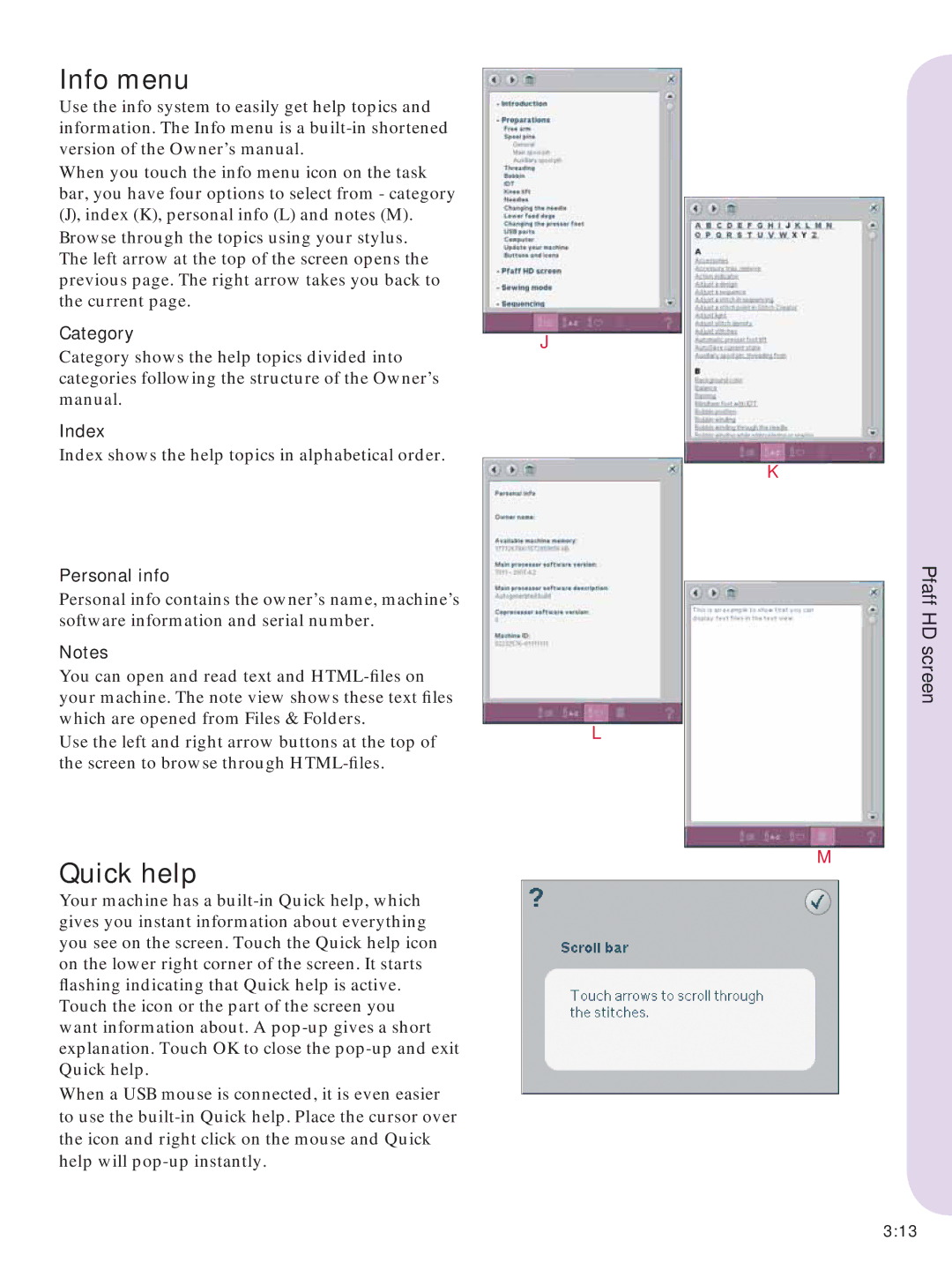 Pfaff Embroidery Machines manual Info menu, Quick help, Category Index, Index shows the help topics in alphabetical order 
