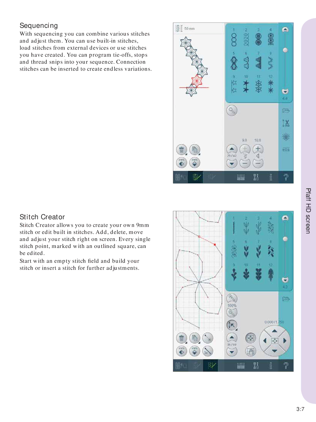 Pfaff Embroidery Machines manual Sequencing, Stitch Creator 