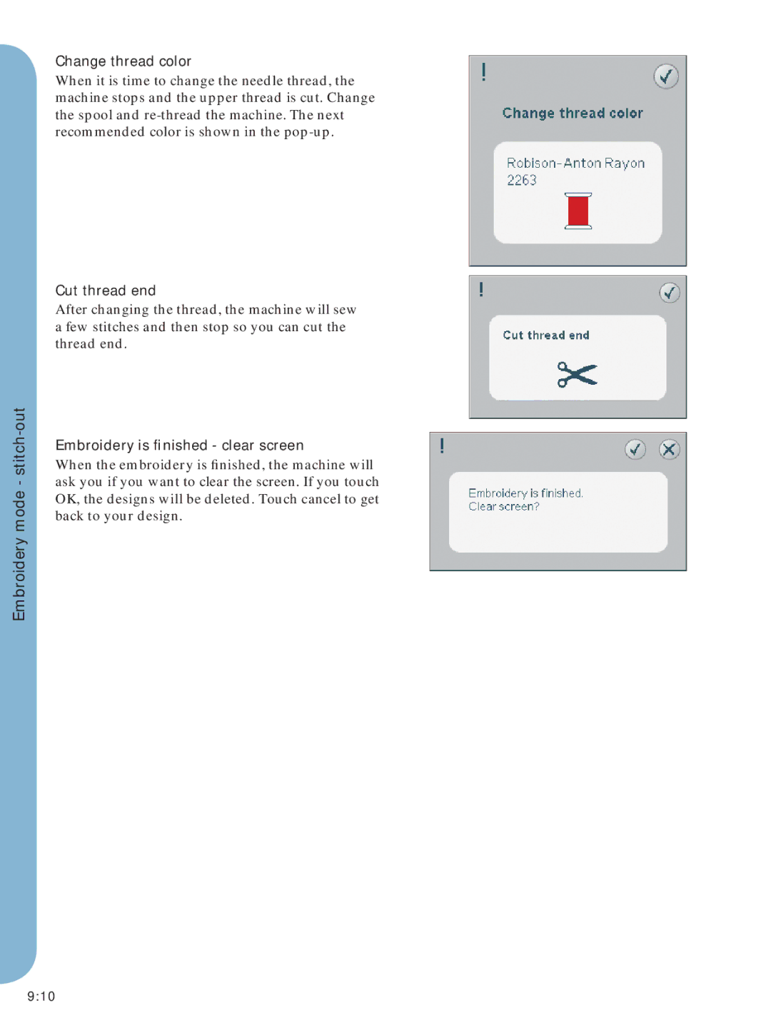 Pfaff Embroidery Mode-Stitch-Out manual Change thread color, Cut thread end, Embroidery is ﬁnished clear screen 