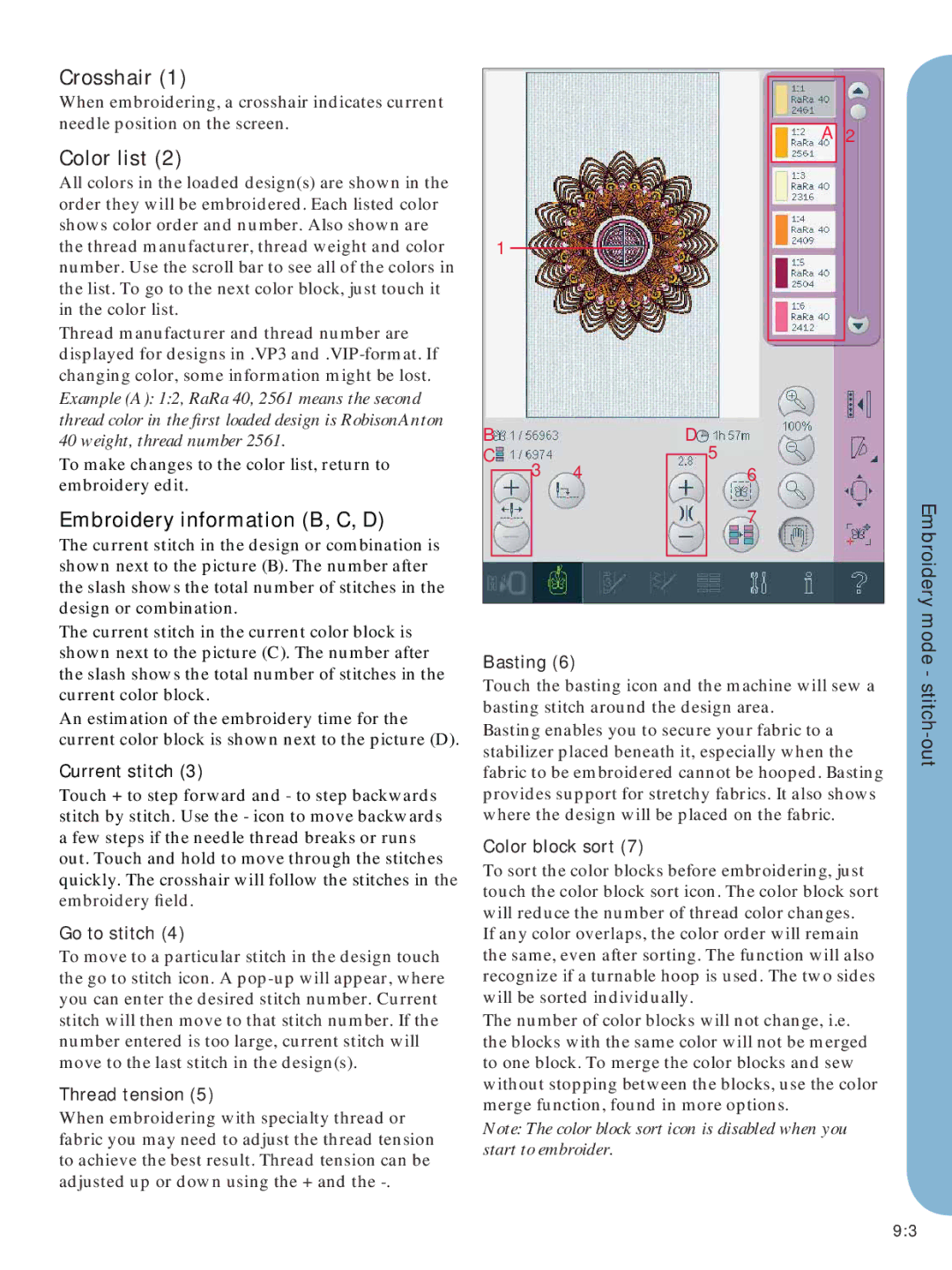 Pfaff Embroidery Mode-Stitch-Out manual Crosshair, Color list 