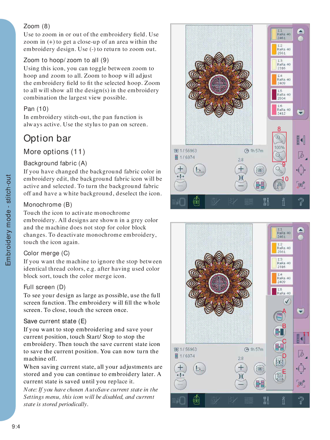 Pfaff Embroidery Mode-Stitch-Out manual Option bar, More options 