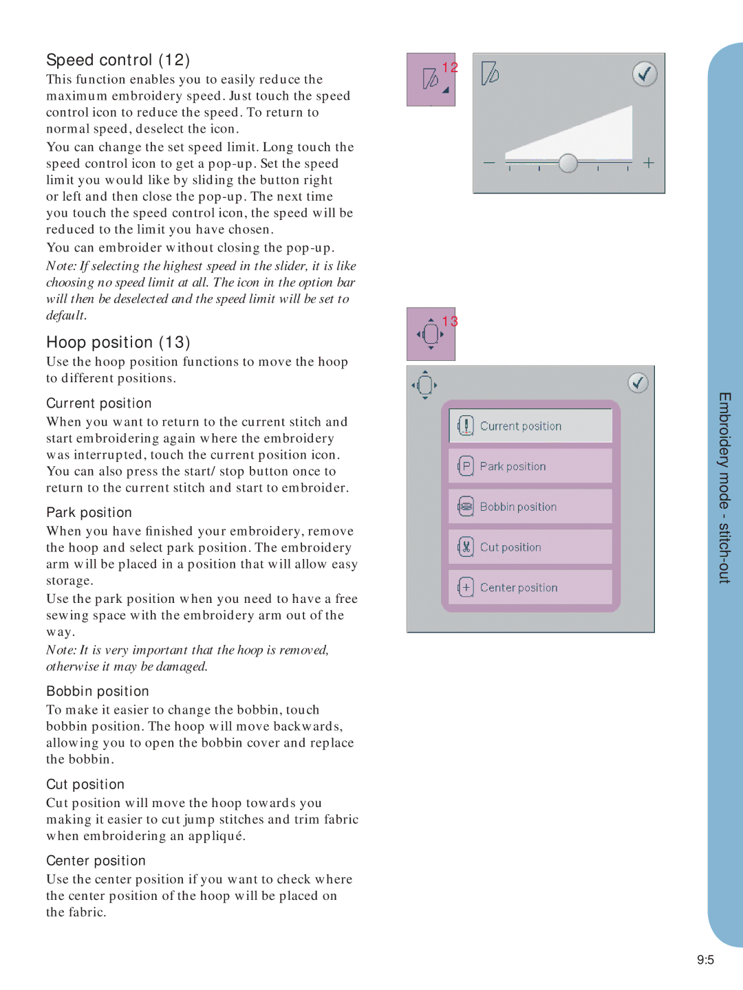 Pfaff Embroidery Mode-Stitch-Out manual Speed control, Hoop position 