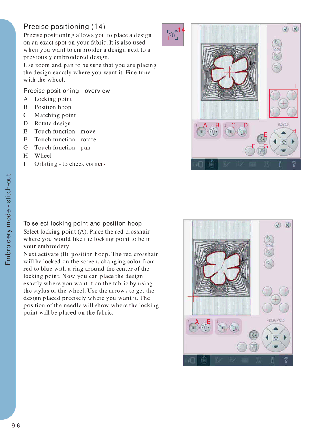 Pfaff Embroidery Mode-Stitch-Out manual Precise positioning overview, To select locking point and position hoop 