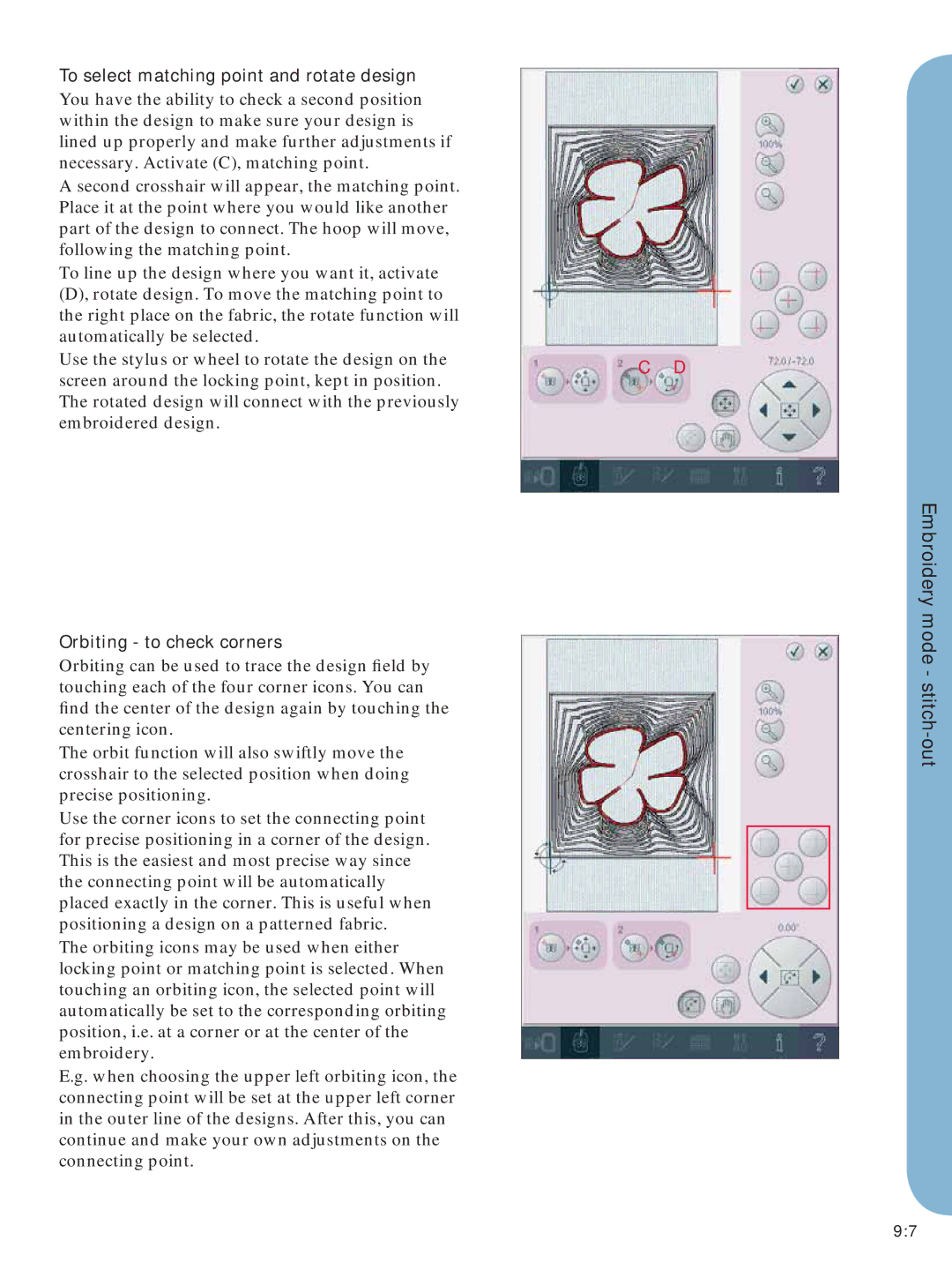 Pfaff Embroidery Mode-Stitch-Out manual To select matching point and rotate design, Orbiting to check corners 