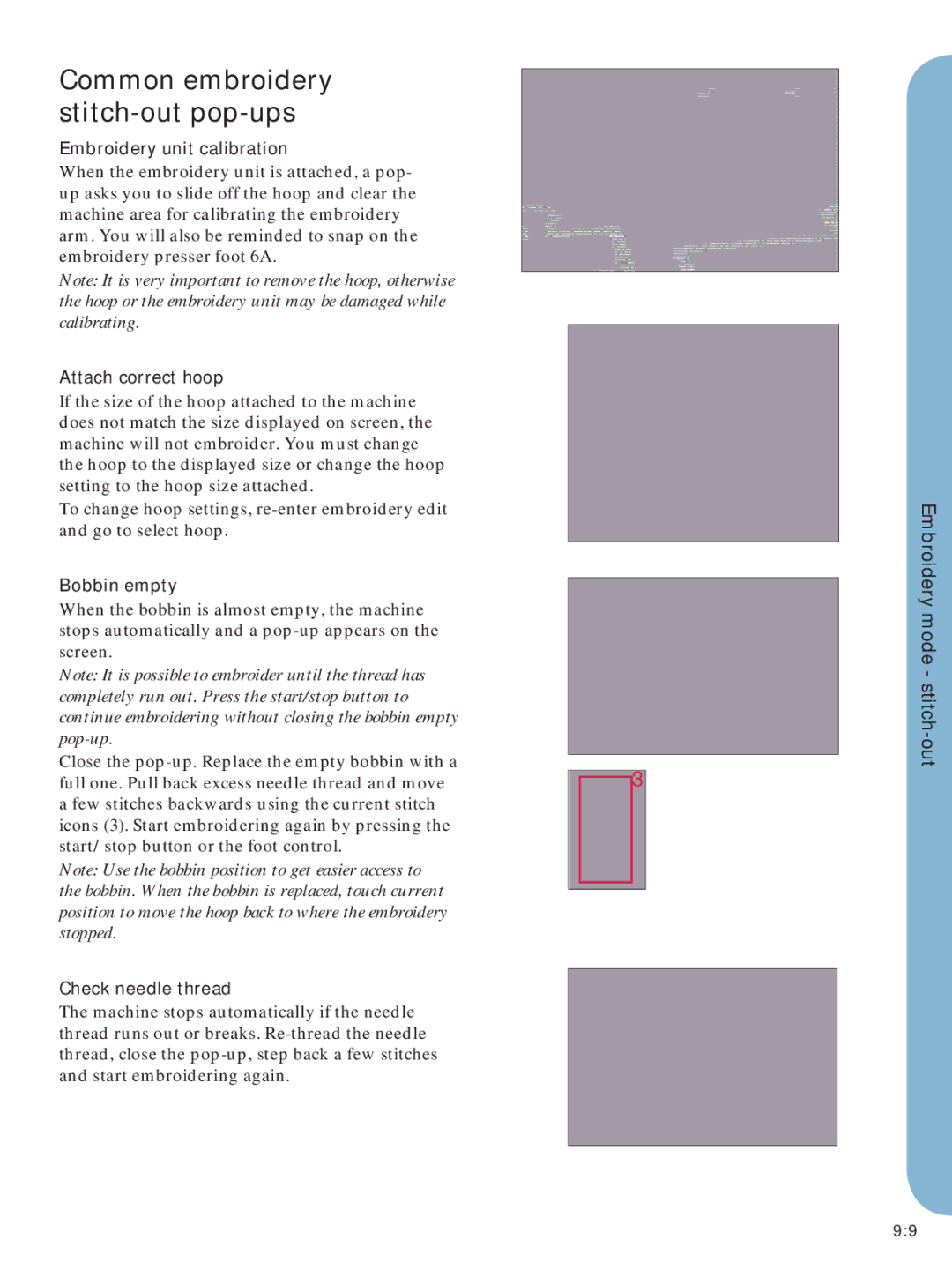 Pfaff Embroidery Mode-Stitch-Out Common embroidery stitch-out pop-ups, Embroidery unit calibration, Attach correct hoop 