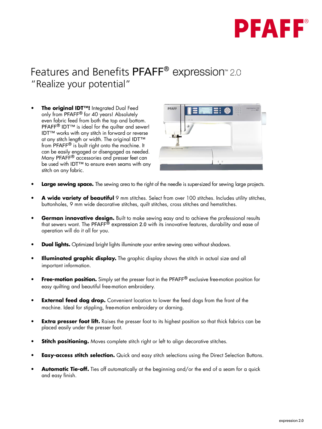 Pfaff expression 2.0 manual Features and Benefits Pfaff, Realize your potential 