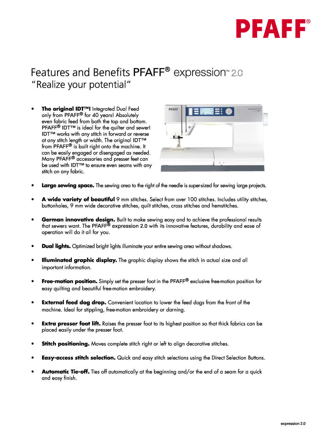 Pfaff expression 2.0 manual Features and Benefits PFAFF, “Realize your potential” 