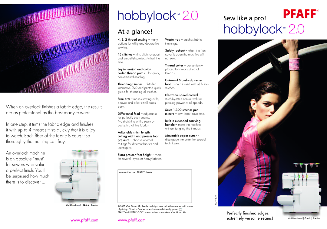 Pfaff hobbylock 2.0 manual Sew like a pro, At a glance, Differential feed adjustable for perfectly even seams 