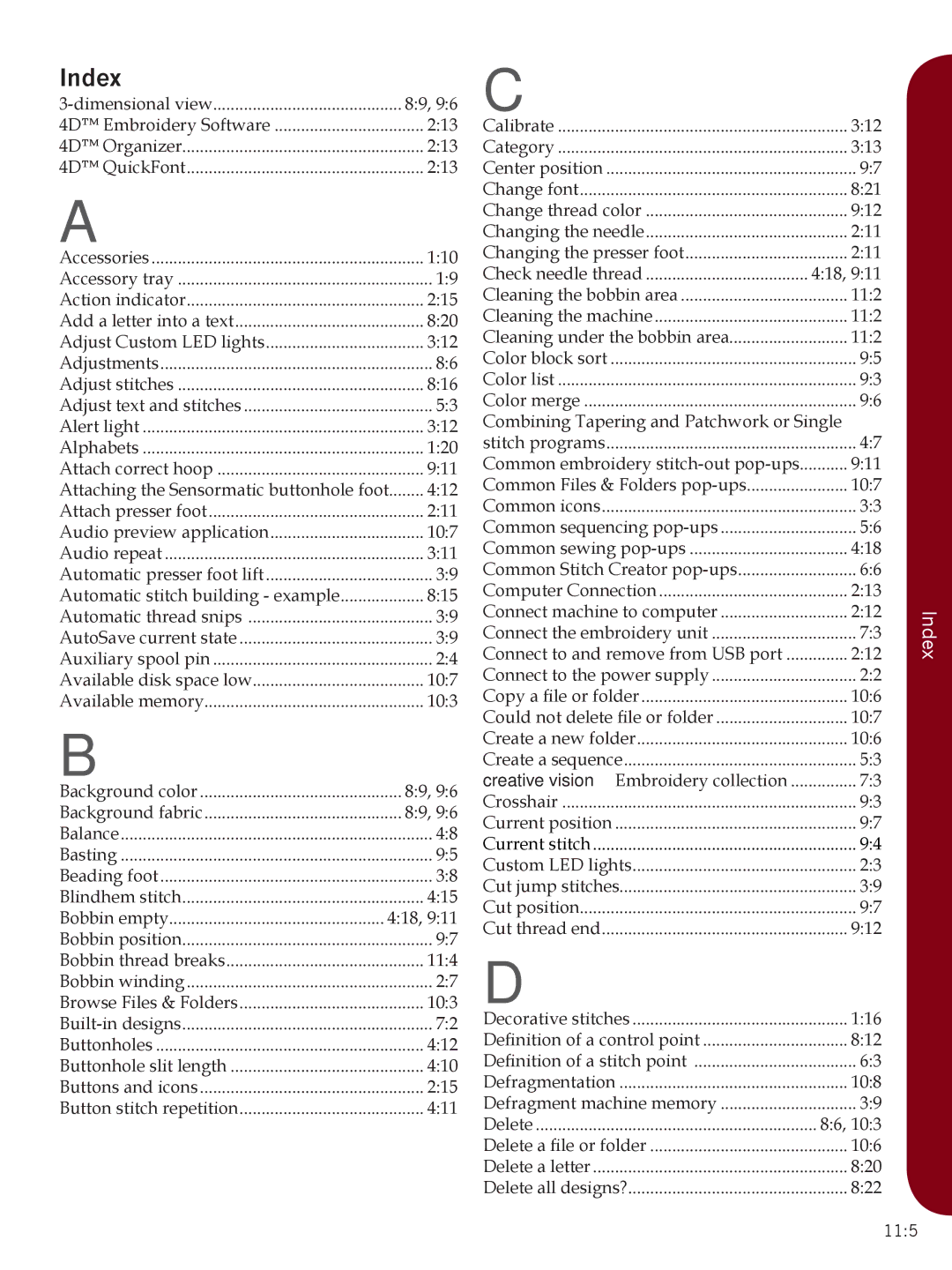 Pfaff Sewing Machine manual Index 