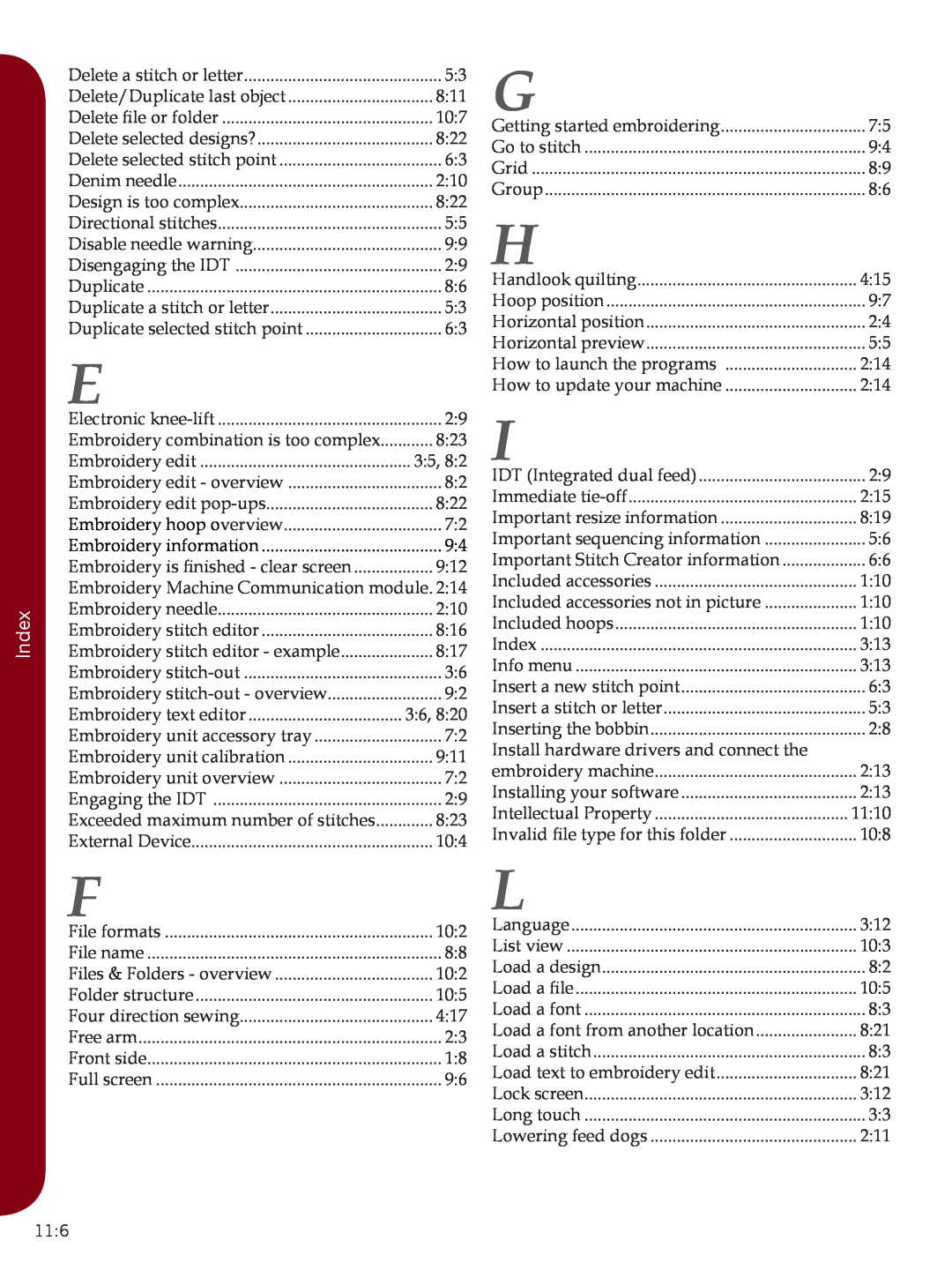 Pfaff Sewing Machine manual Index 