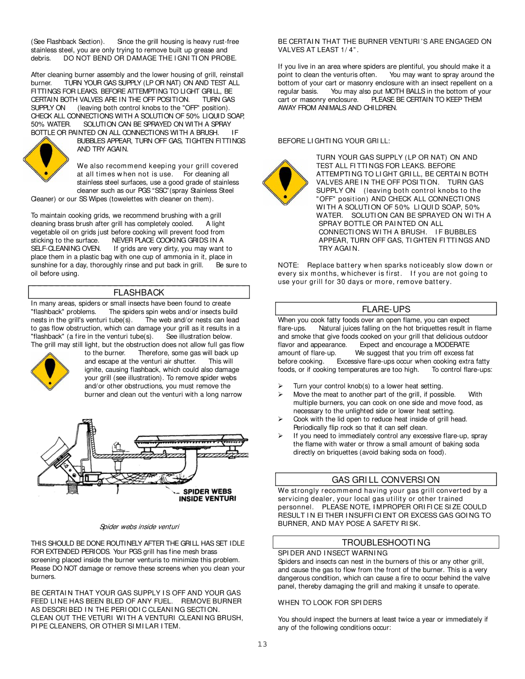 PGS S36R, S27R owner manual Flashback, Flare-Ups, GAS Grill Conversion, Troubleshooting 