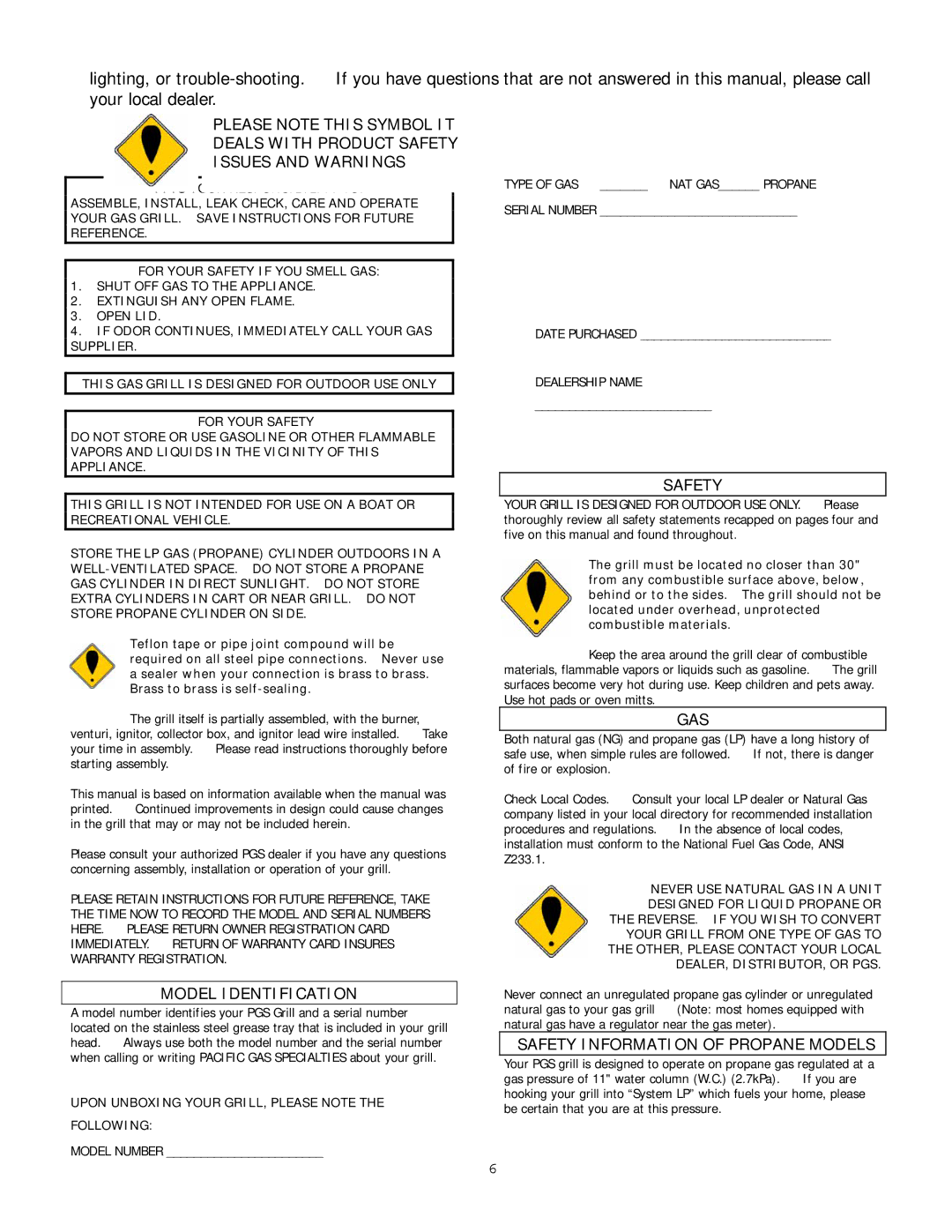 PGS S36R, S27R owner manual Model Identification, Gas, Safety Information of Propane Models 