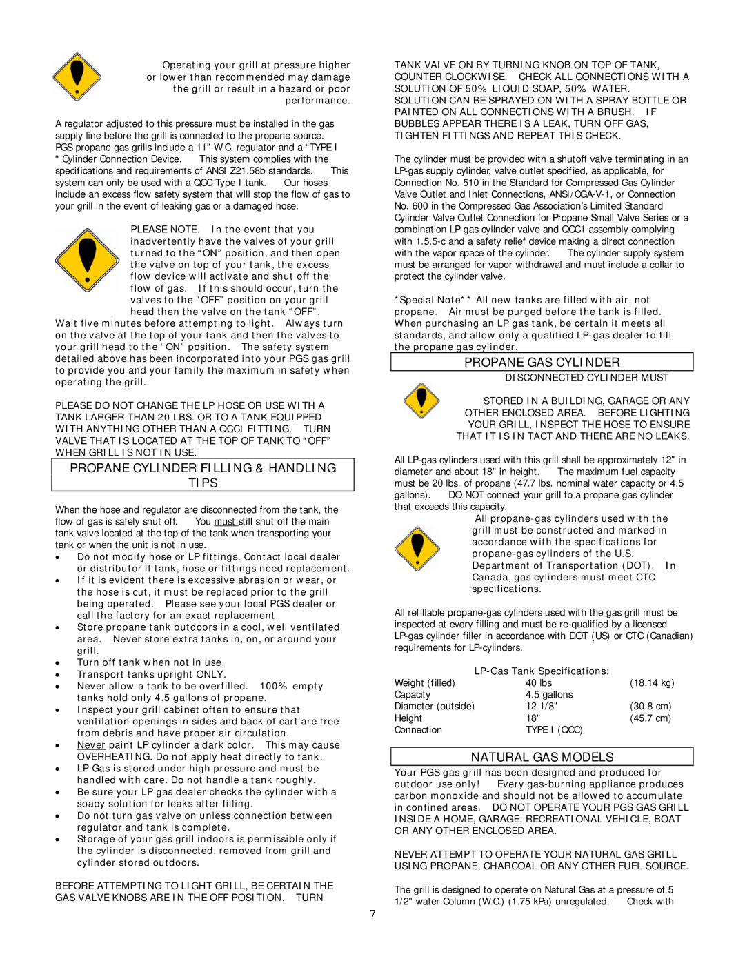 PGS S27R, S36R owner manual Propane Cylinder Filling & Handling Tips, Propane GAS Cylinder, Natural GAS Models 