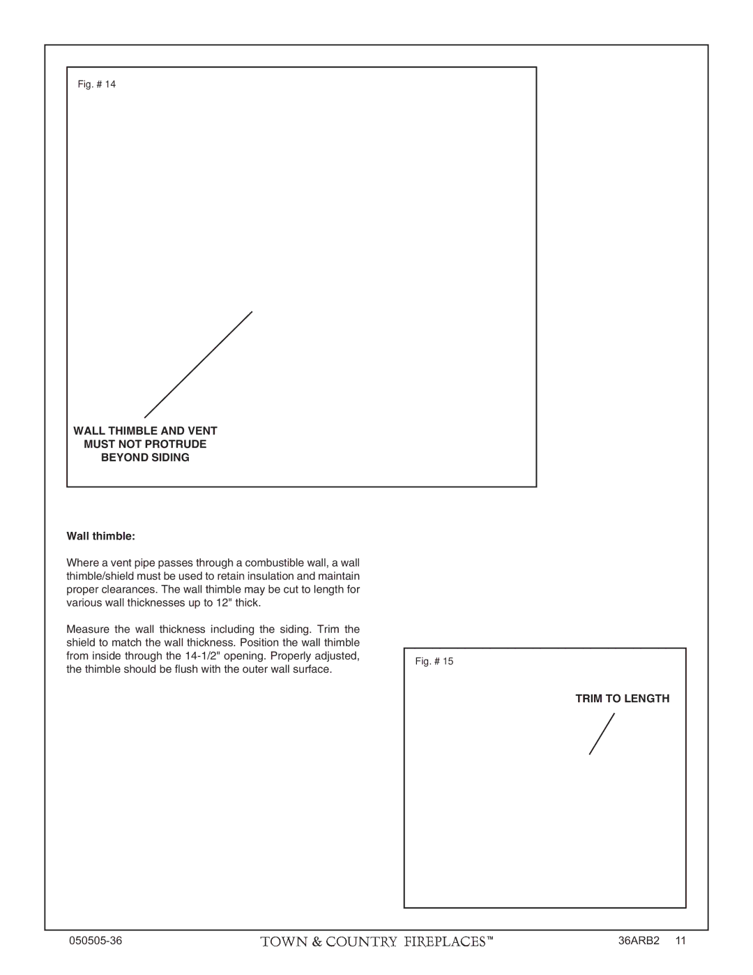 PGS TC36 AR manual Wall Thimble and Vent Must not Protrude Beyond Siding, Wall thimble, Trim to Length 