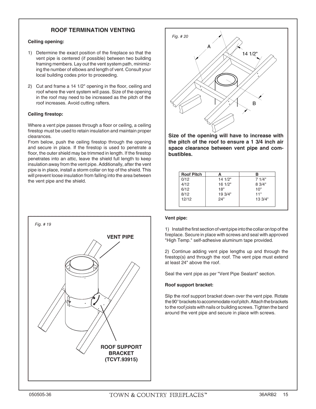 PGS TC36 AR manual Roof Termination Venting, Vent Pipe Roof Support Bracket, Ceiling opening, Ceiling firestop 