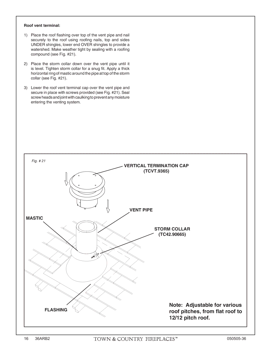 PGS TC36 AR manual Vertical Termination CAP, Vent Pipe Mastic Storm Collar, Roof vent terminal 