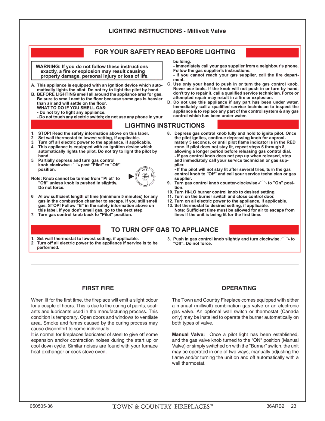 PGS TC36 AR manual For Your Safety Read Before Lighting, Lighting Instructions, To Turn OFF GAS to Appliance, First Fire 