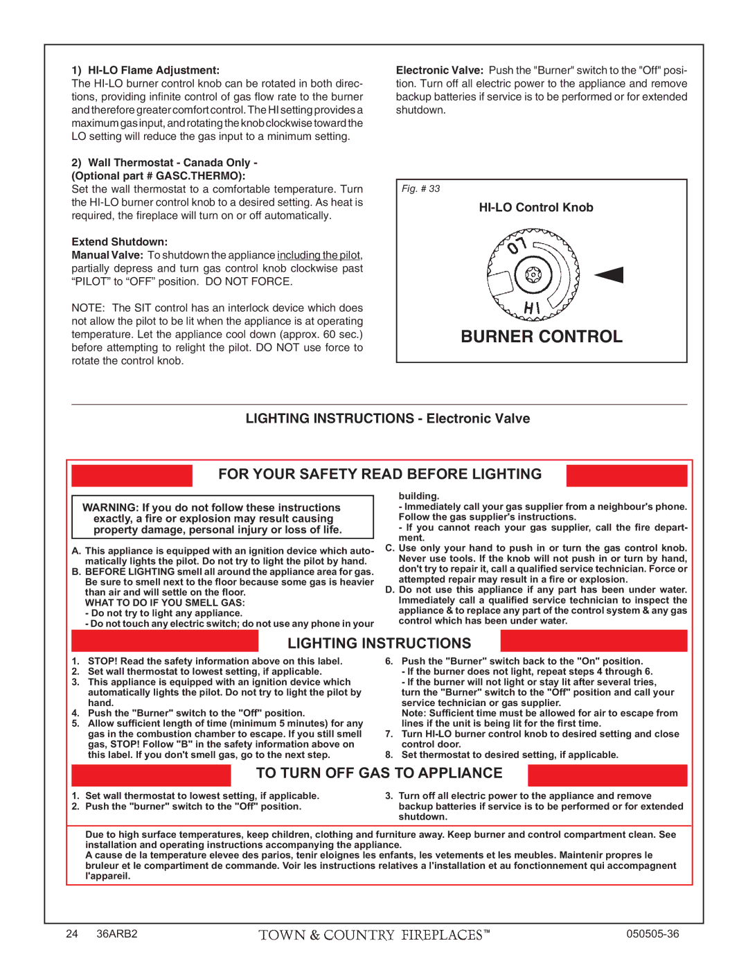 PGS TC36 AR manual HI-LO Flame Adjustment, Wall Thermostat Canada Only Optional GASC.THERMO, Extend Shutdown 