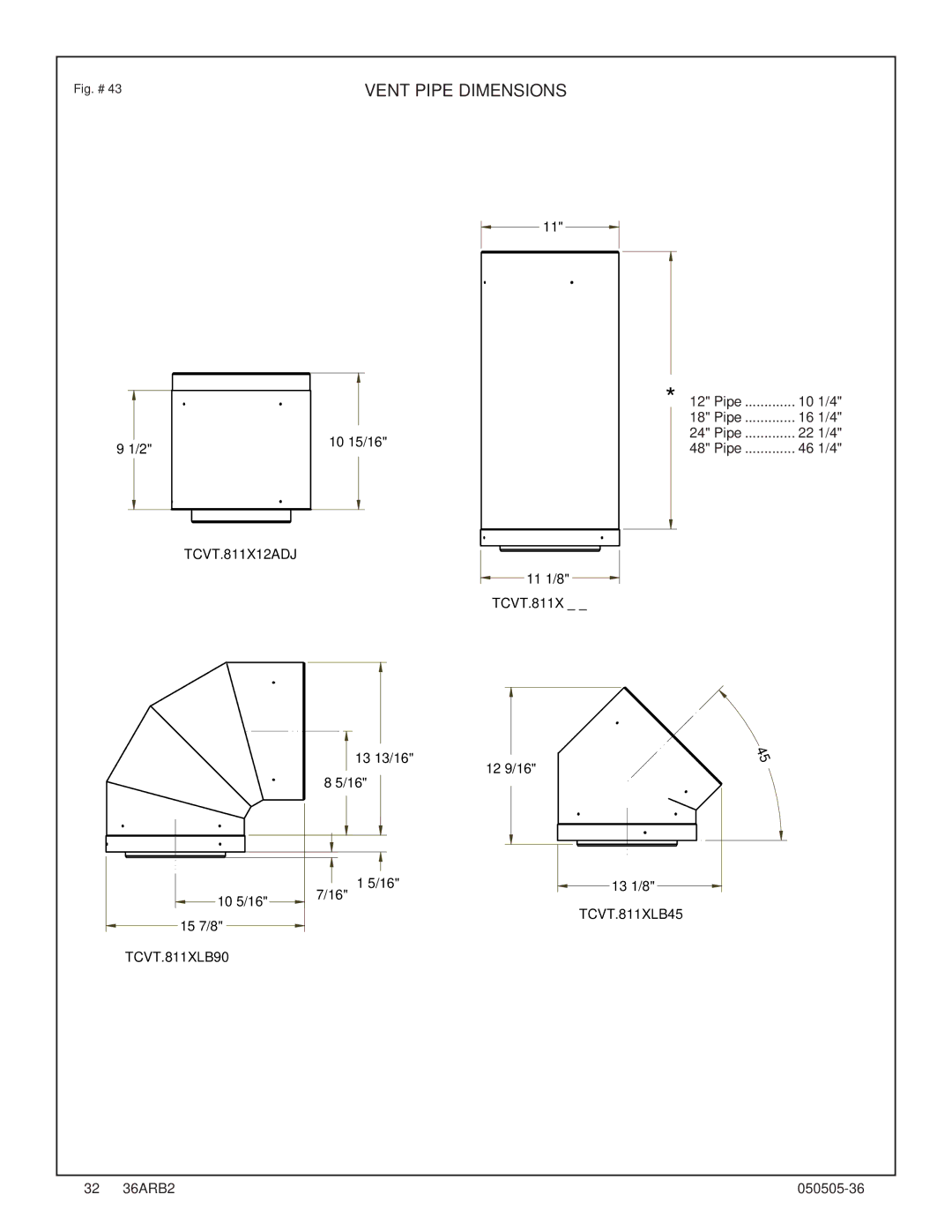PGS TC36 AR manual Vent Pipe Dimensions, Pipe 10 1/4 16 1/4 10 15/16 22 1/4 46 1/4 