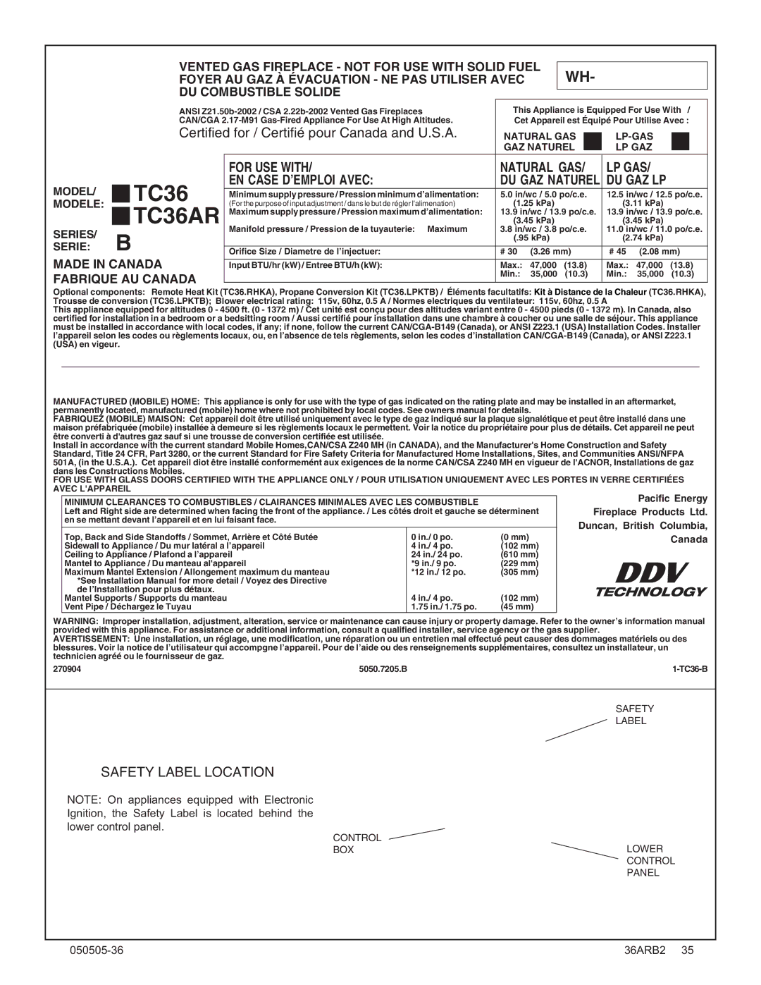 PGS TC36 AR manual For USE with Natural GAS LP GAS, EN Case D’EMPLOI Avec, Safety Label Location, Made in Canada 