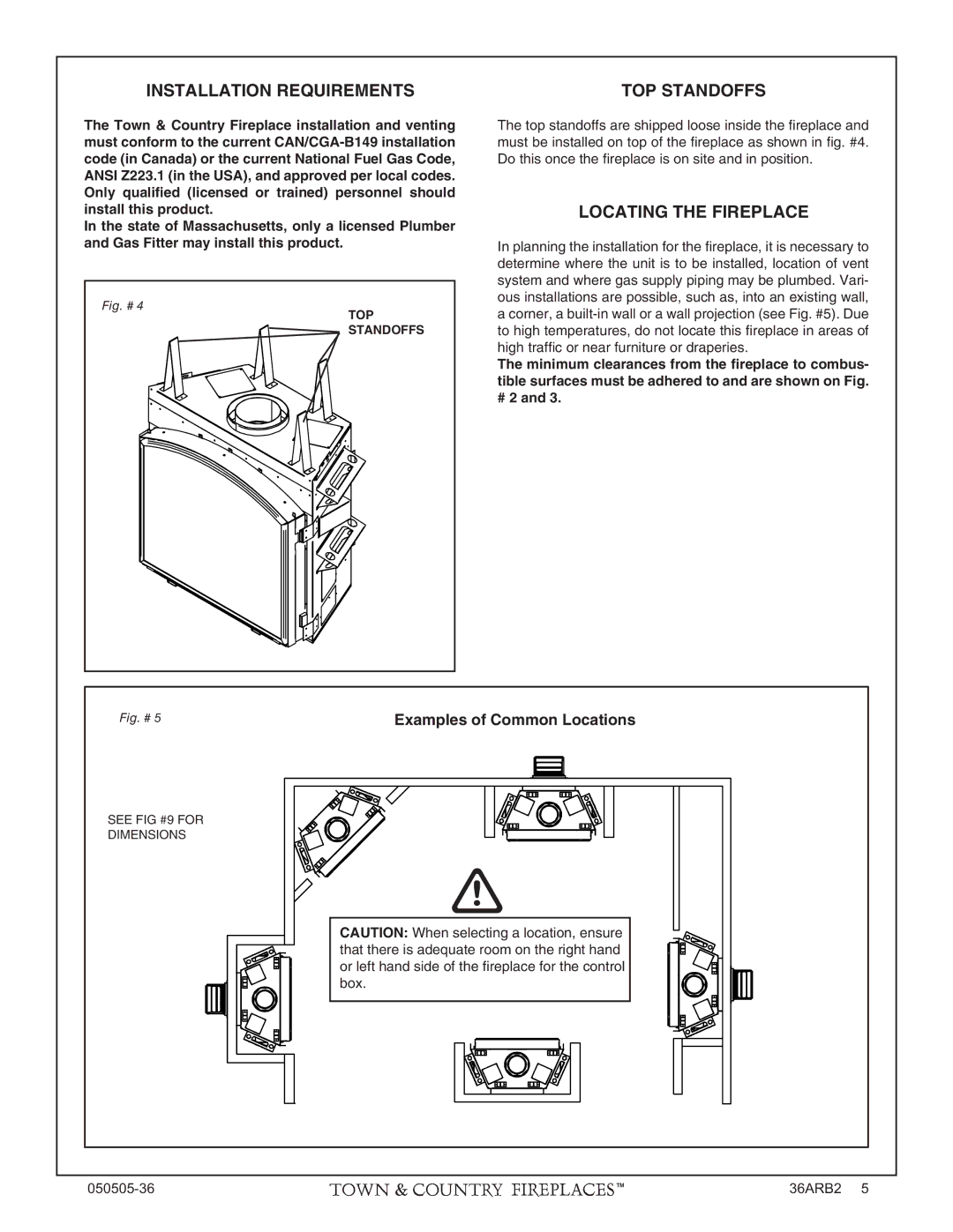 PGS TC36 AR manual Installation Requirements, TOP Standoffs, Locating the Fireplace 