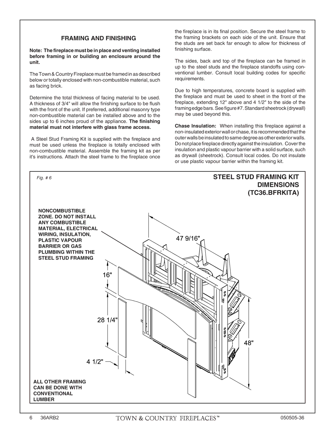 PGS TC36 AR manual Steel Stud Framing KIT, Dimensions, TC36.BFRKITA, Framing and Finishing, 36ARB2 050505-36 