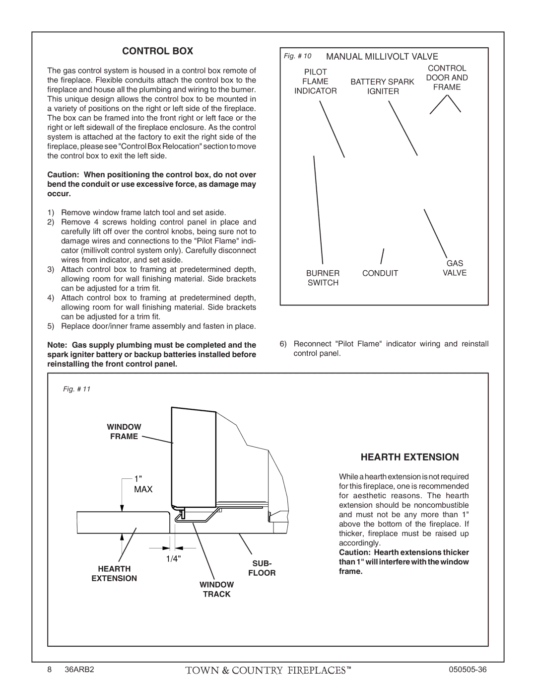 PGS TC36 AR manual Control BOX, Hearth Extension, Reconnect Pilot Flame indicator wiring and reinstall, Window Frame 