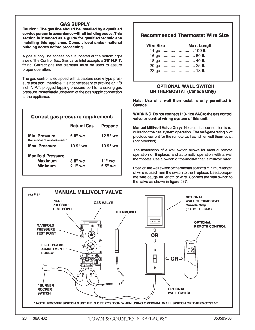 PGS TC36 AR manual Natural Gas, Propane, Min. Pressure, 5.0 wc, 12.5 wc, Max. Pressure, 13.9 wc, Manifold Pressure, Maximum 