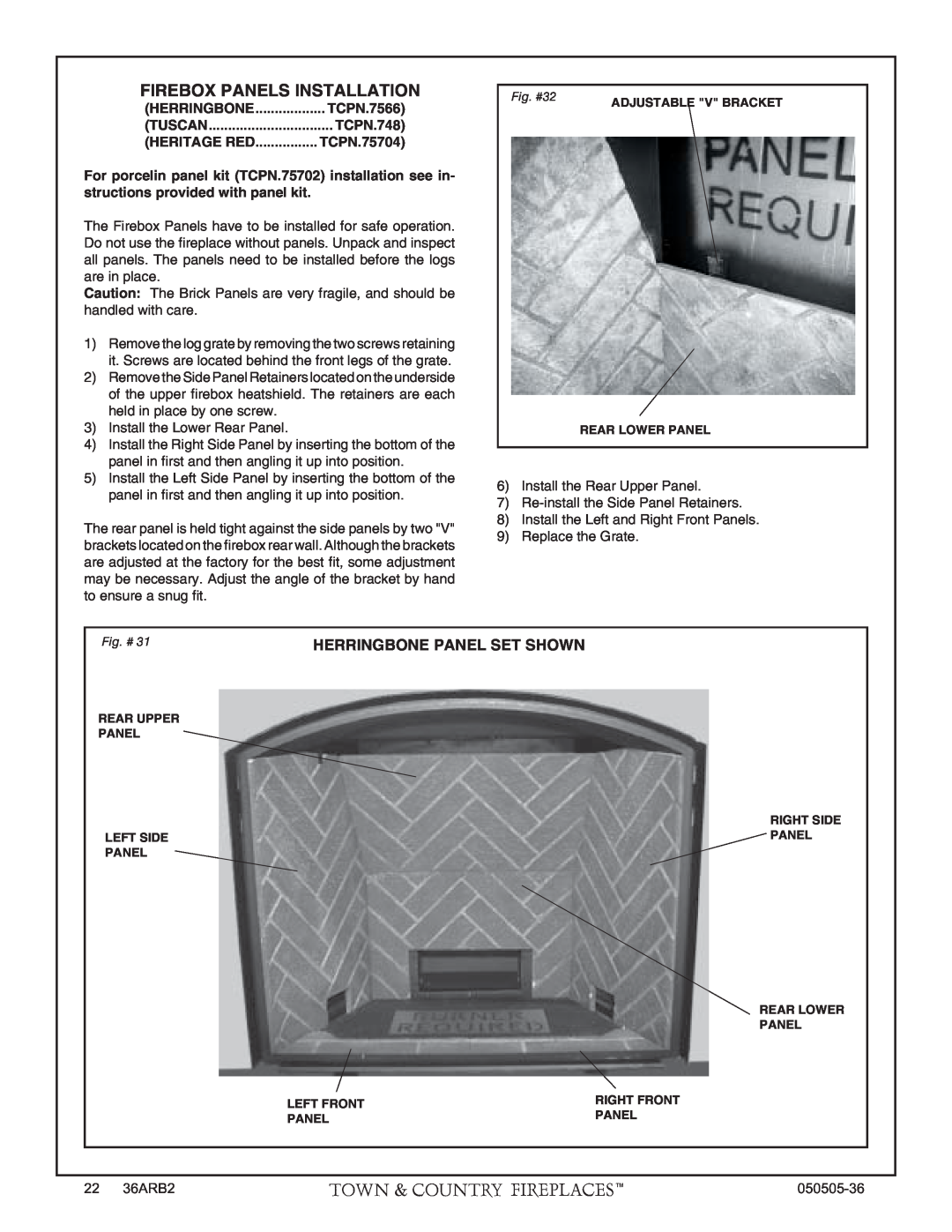 PGS TC36 AR manual Firebox Panels Installation, Herringbone Panel Set Shown 