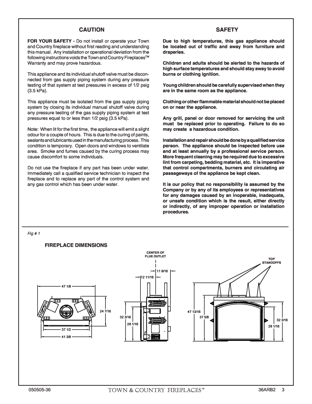 PGS TC36 AR manual Safety, Fireplace Dimensions 
