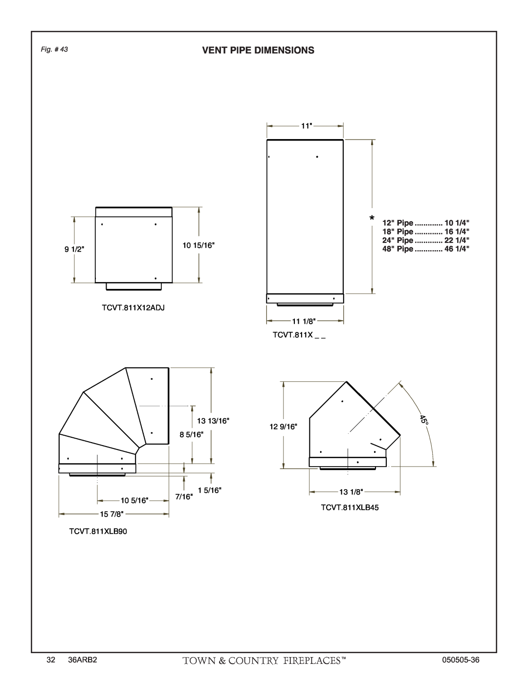 PGS TC36 AR manual Vent Pipe Dimensions, 10 1/4, 16 1/4, 10 15/16, 22 1/4, 46 1/4 