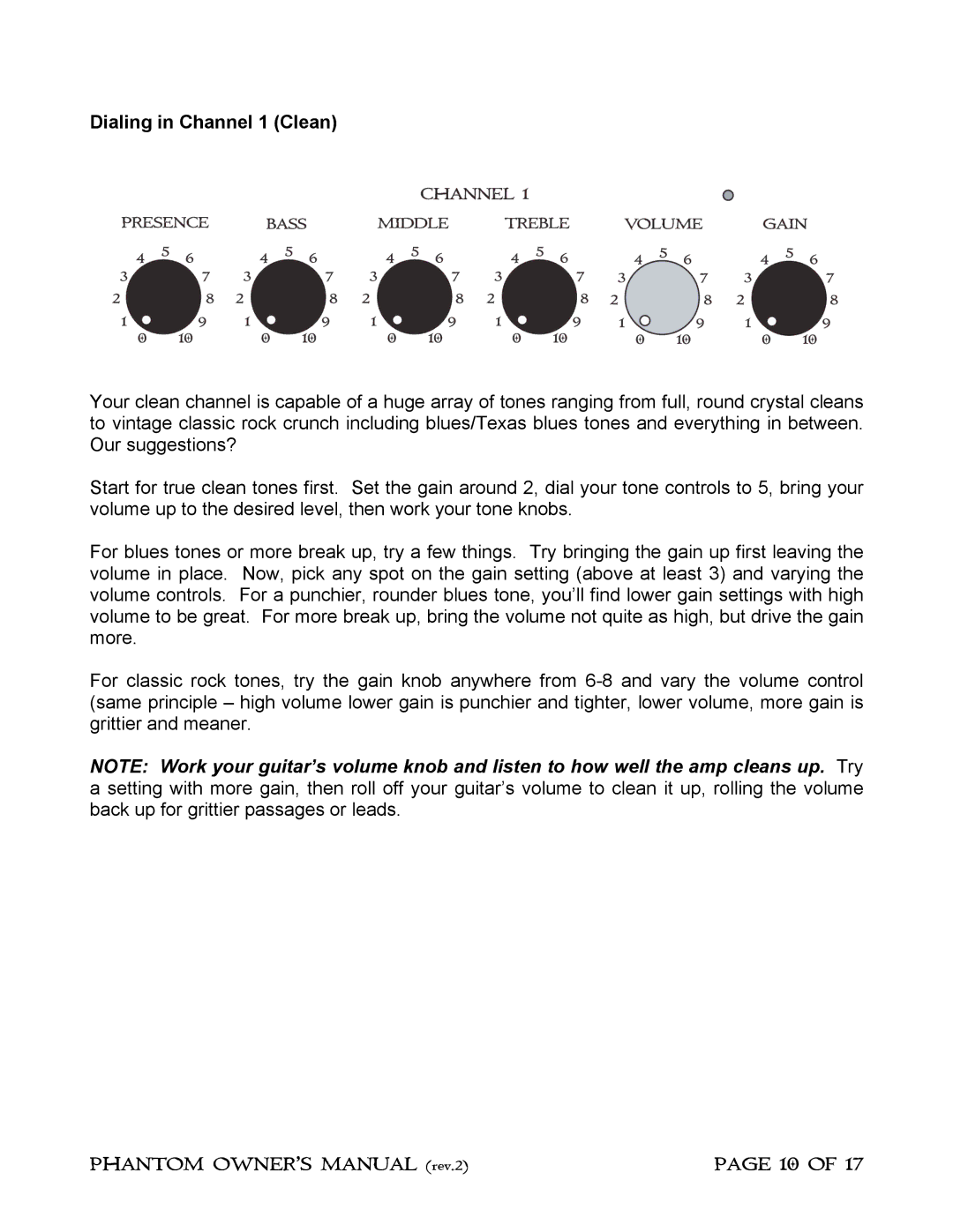 Phantom Tech Guitar Amplifier owner manual Dialing in Channel 1 Clean 