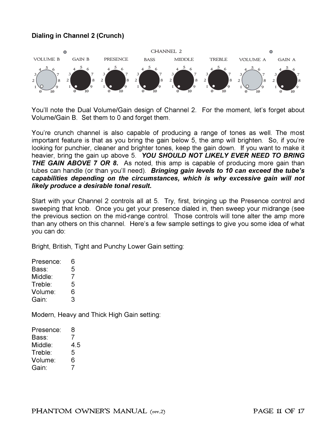 Phantom Tech Guitar Amplifier owner manual Dialing in Channel 2 Crunch 