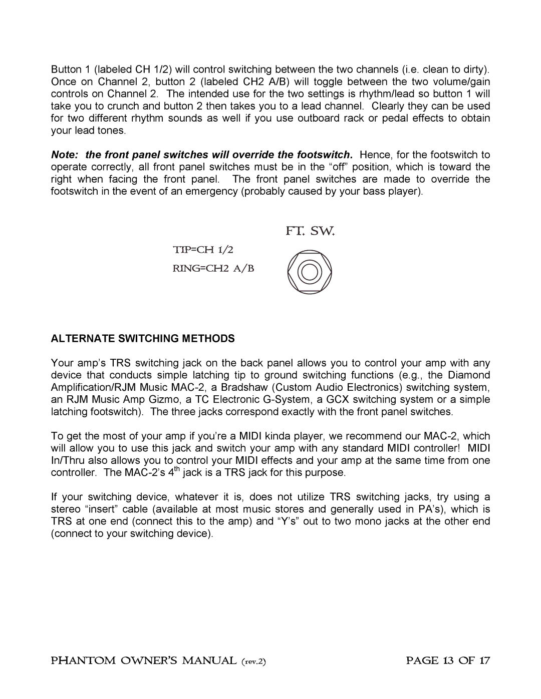 Phantom Tech Guitar Amplifier owner manual Alternate Switching Methods 