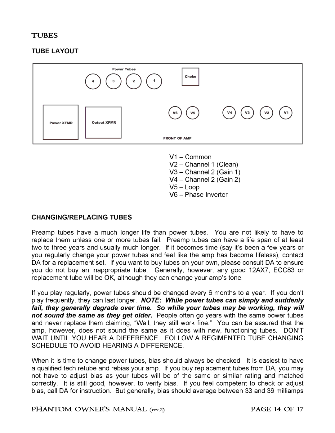 Phantom Tech Guitar Amplifier owner manual Tubes Tube Layout, CHANGING/REPLACING Tubes 