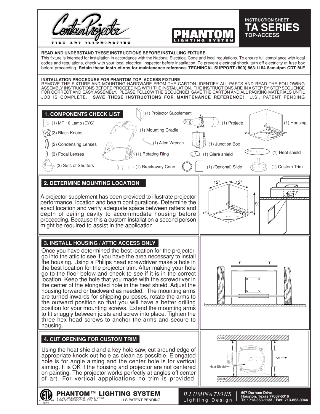 Phantom Tech Projector instruction sheet Top-Access, Components Check List, Determine Mounting Location 