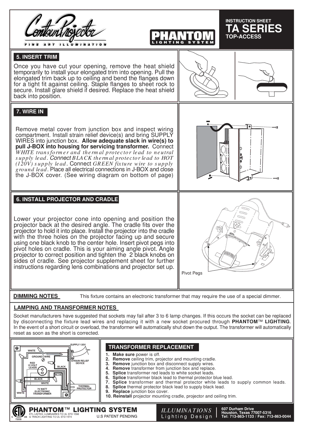 Phantom Tech instruction sheet TOP-ACCESS Insert Trim, Wire, Install Projector and Cradle, Transformer Replacement 