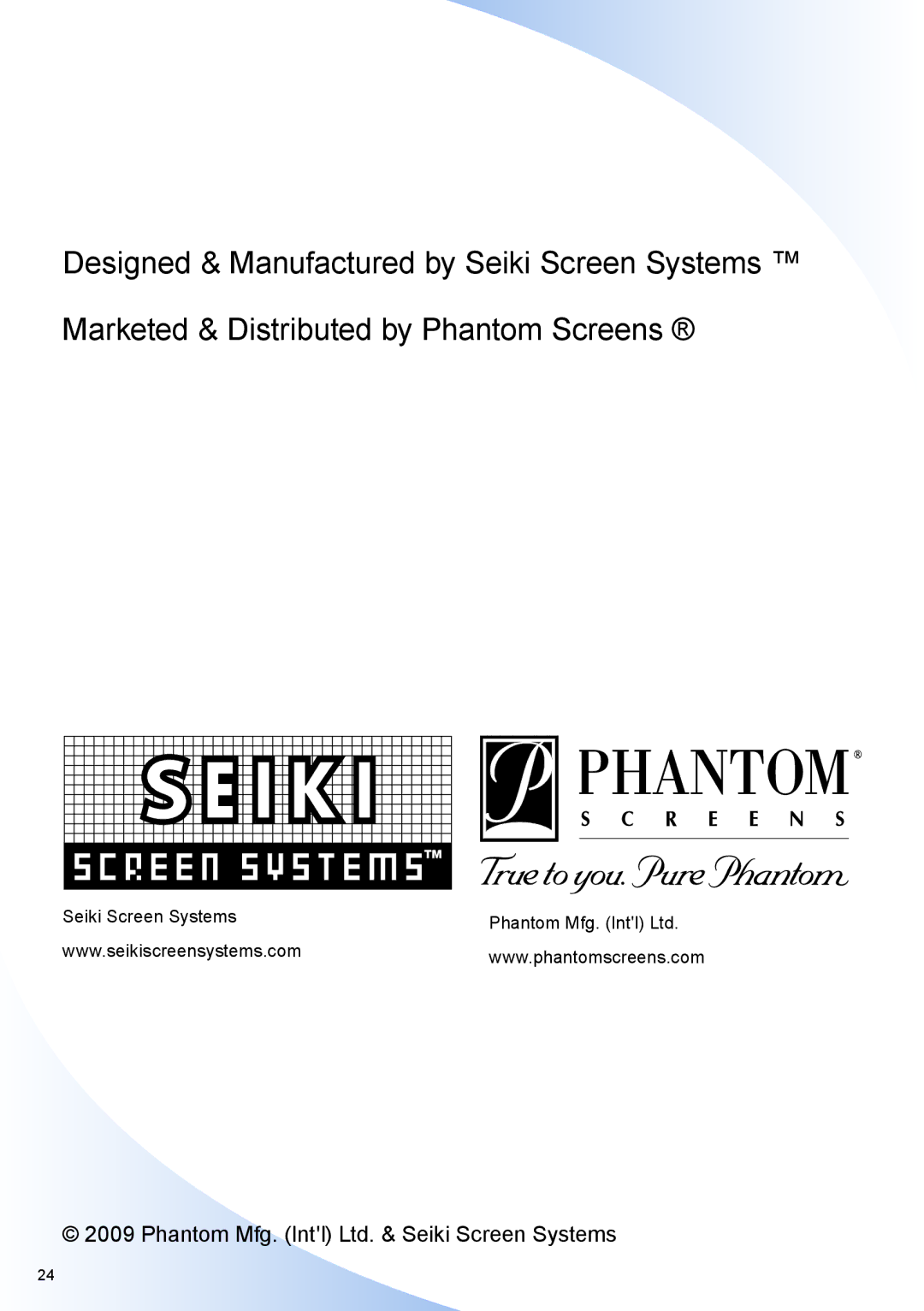 Phantom Tech QC03-0903R installation manual Seiki Screen Systems 