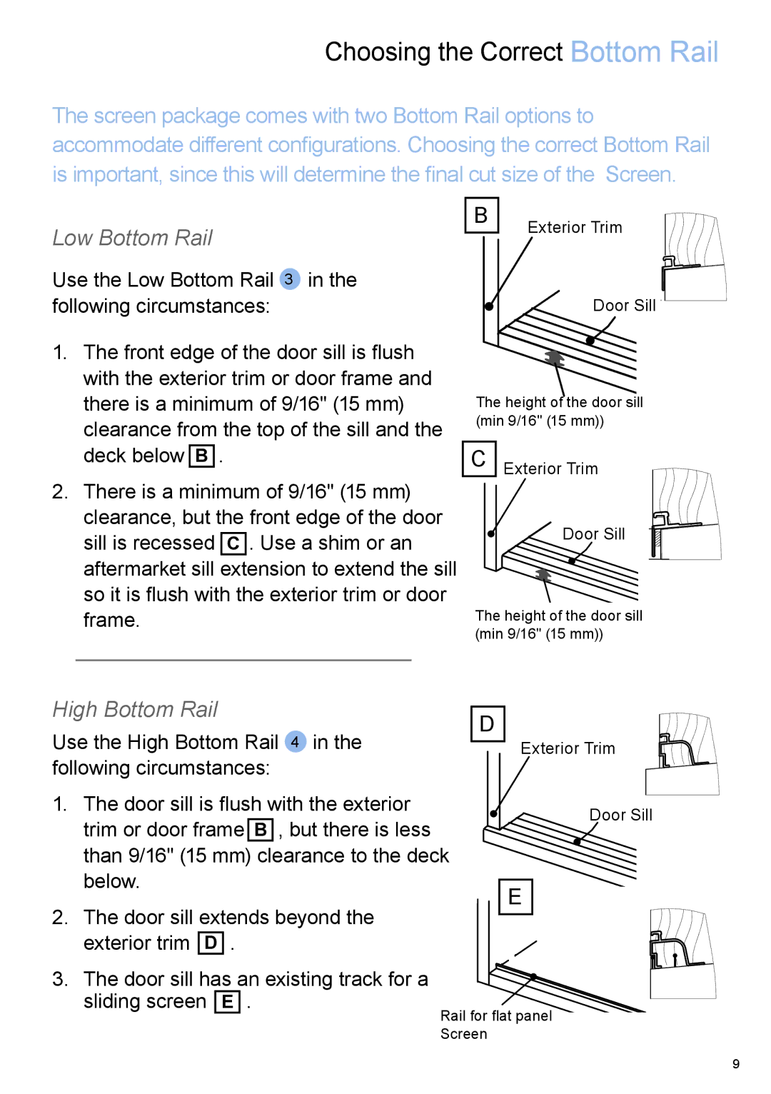 Phantom Tech QC03-0903R installation manual Choosing the Correct Bottom Rail, Low Bottom Rail 