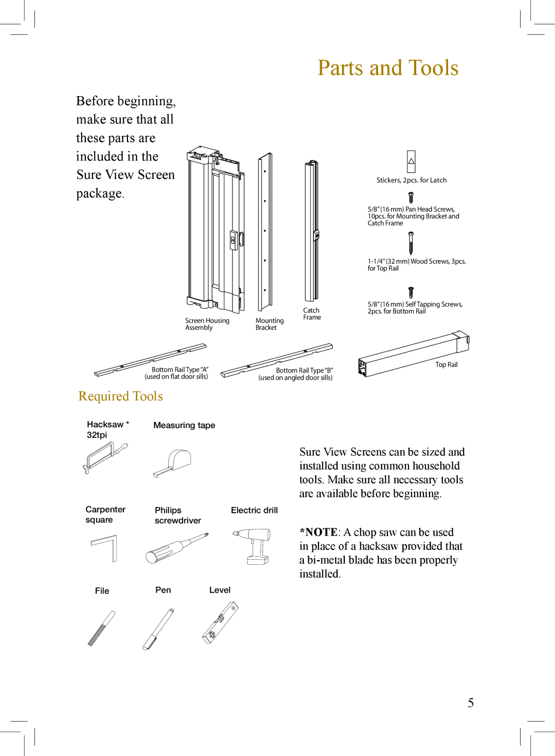 Phantom Tech SU0508L installation manual Parts and Tools, Required Tools 