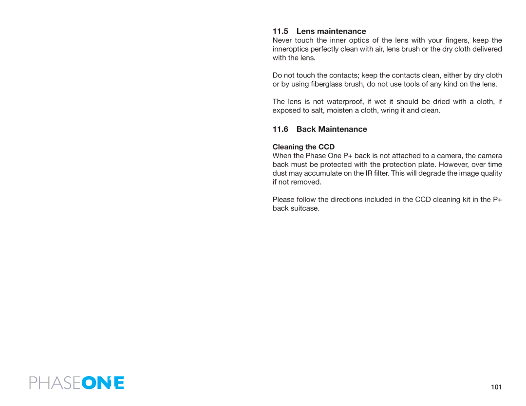 Phase One 645 AF manual Lens maintenance, Back Maintenance, Cleaning the CCD 