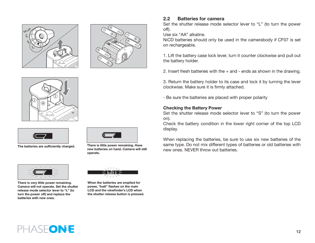 Phase One 645 AF manual Batteries for camera, Checking the Battery Power 