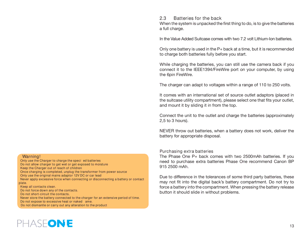 Phase One 645 AF manual Batteries for the back, Purchasing extra batteries 