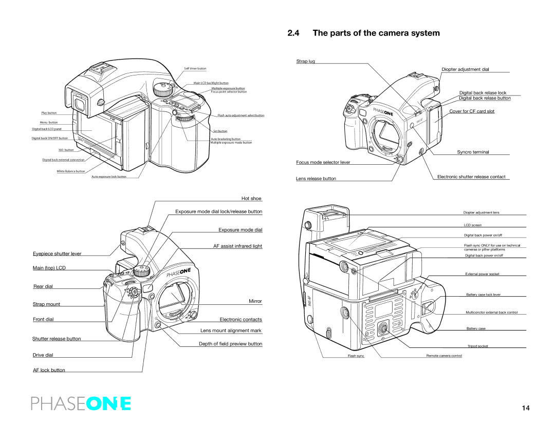 Phase One 645 AF manual Parts of the camera system, Drive dial AF lock button Strap lug 