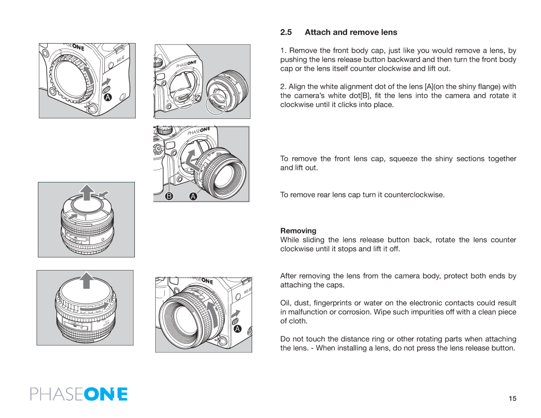 Phase One 645 AF manual Attach and remove lens, Removing 