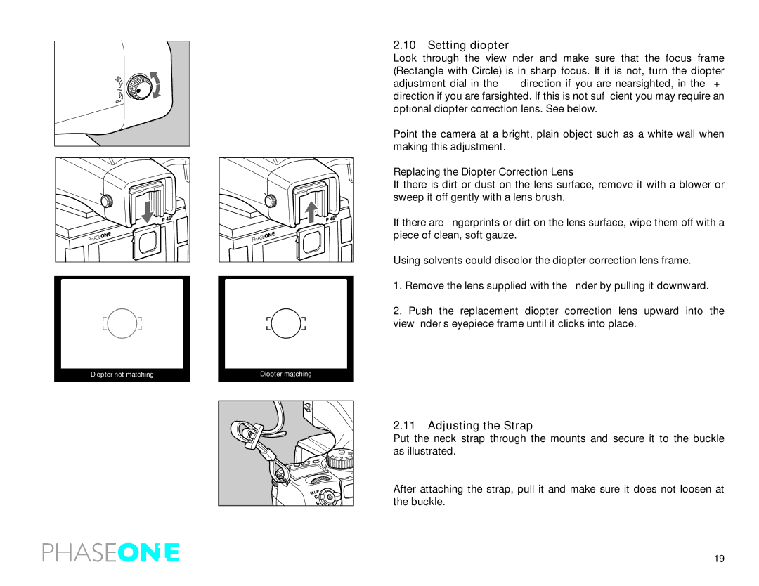 Phase One 645 AF manual Setting diopter, Adjusting the Strap 